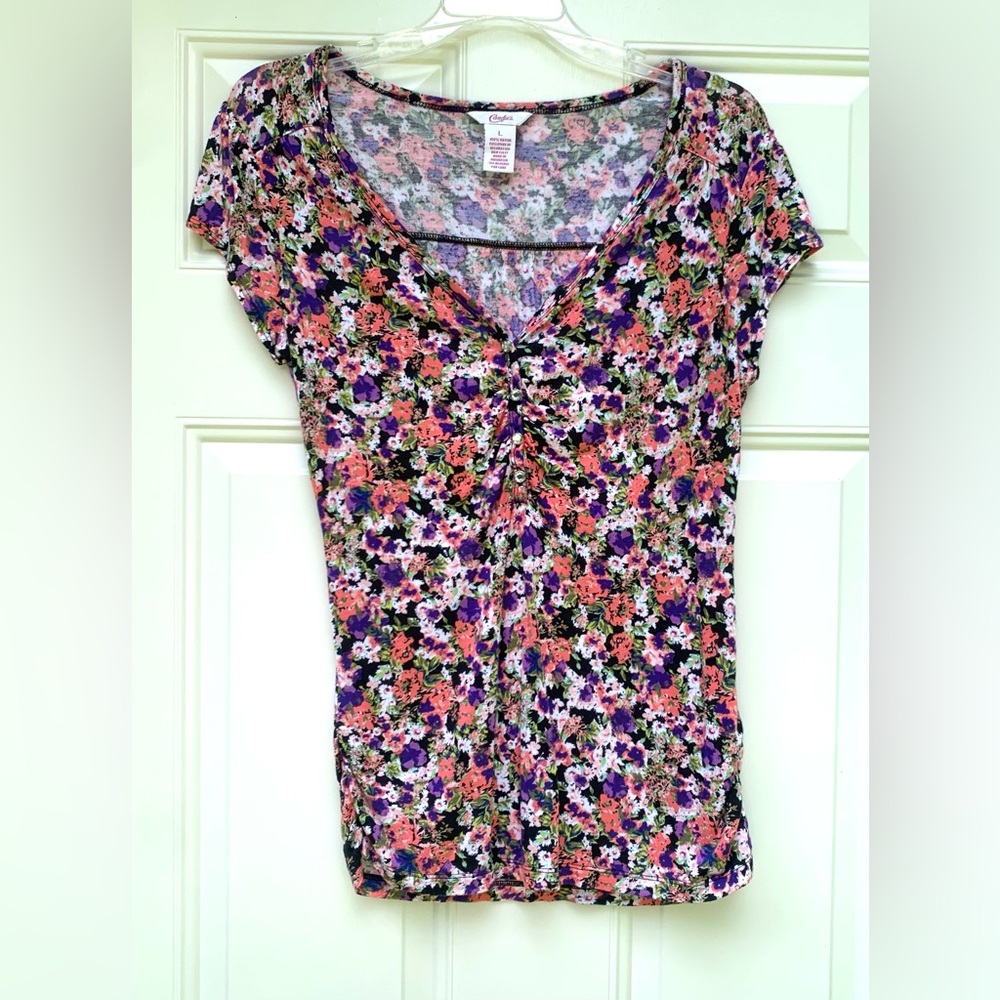 Candies Women Top Short Sleeve Size L Floral V Neck Blouse Babydoll Boho Hippie
